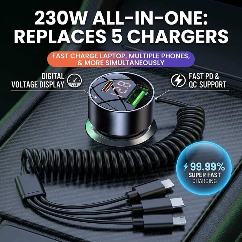 3-in-1 Coiled Car Charger with - Laptop Charger ulasan dan harga